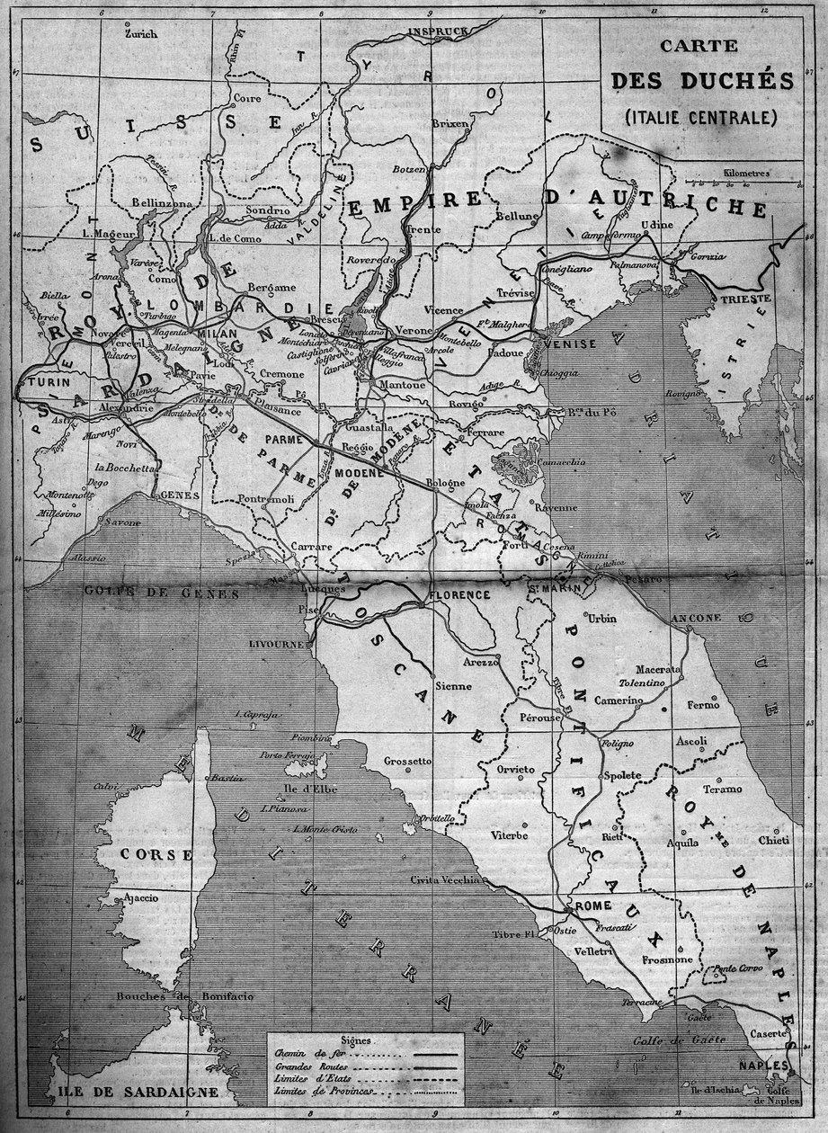 Geografische Karte der Herzogtümer Mittelitaliens im Jahr 1860. Gravur in „Le Monde Illustré“ Nr. 143 vom 7. Januar 1860 von French School