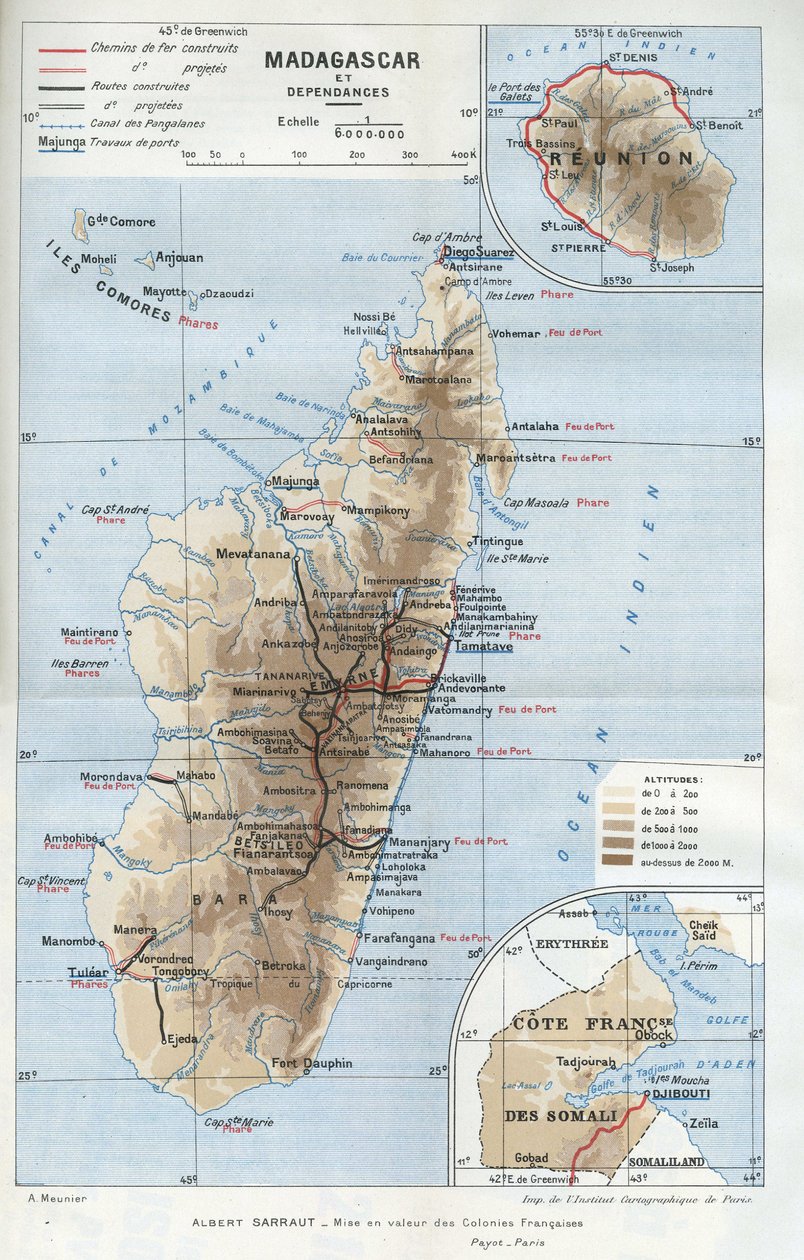 Geografische Karte der Kolonie Madagaskar und ihrer Abhängigkeiten, der Reunion und der französischen Küste von Somalia. in "La mise en valeur des colonies francaises", Albert Sarraut von French School