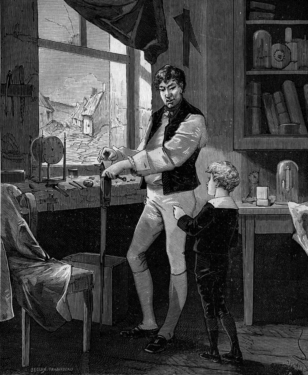 George Stephenson, britischer Ingenieur (1781-1848) mit seinem Sohn. von French School