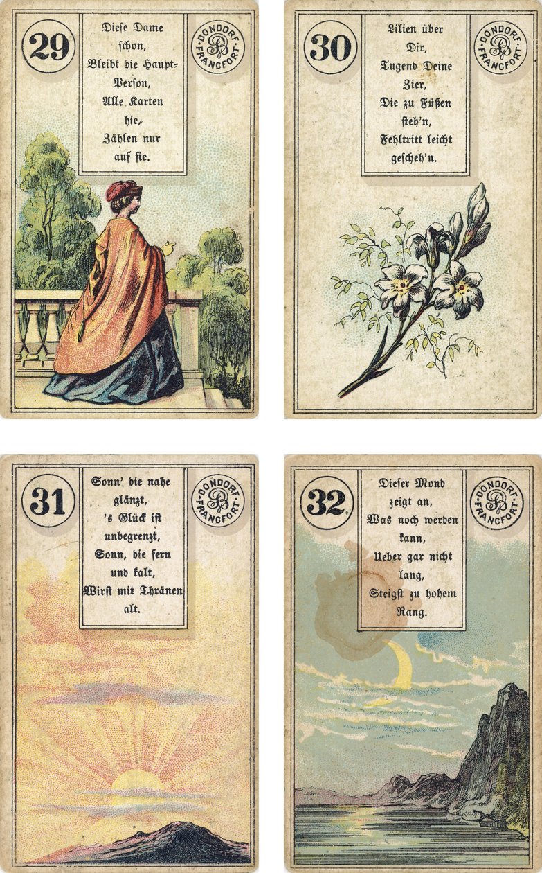 Deutsche Ausgabe des Lenormand französischen Kartendecks: Die Dame, Die Lilien, Die Sonne, Der Mond, veröffentlicht von Dondorf, Frankfurt, 19. Jahrhundert von French School
