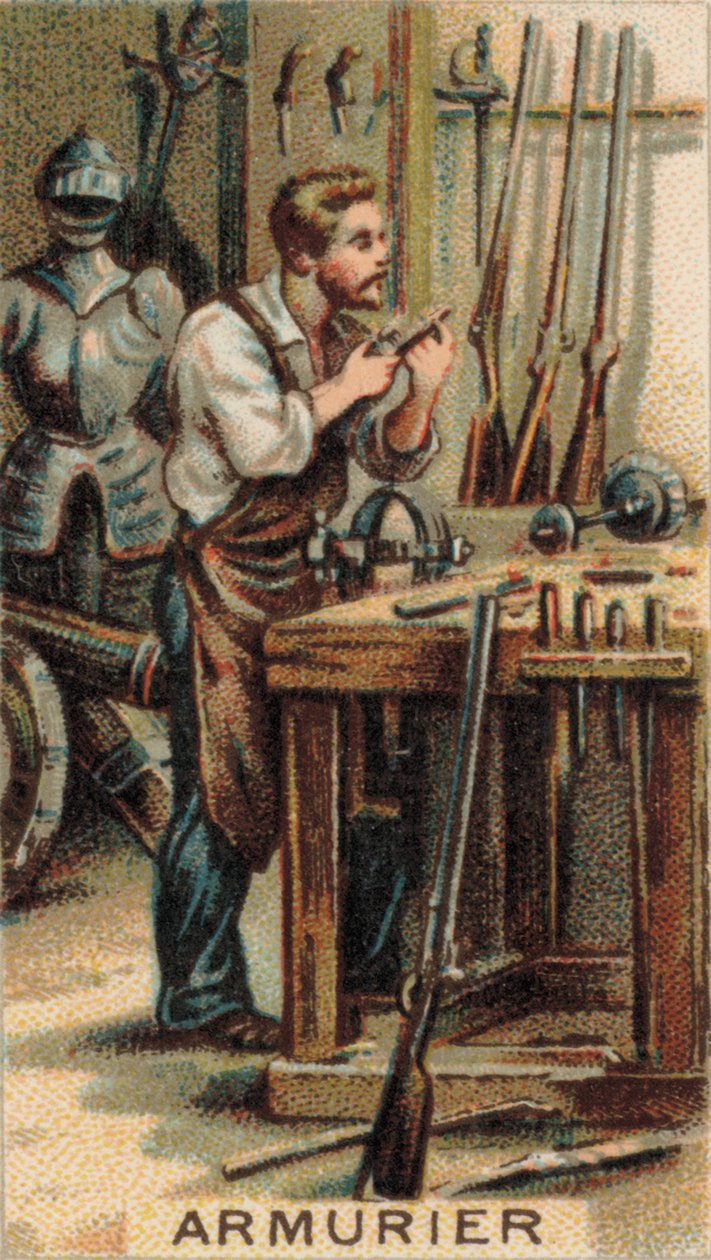 Büchsenmacher bei der Arbeit in seiner Werkstatt von French School