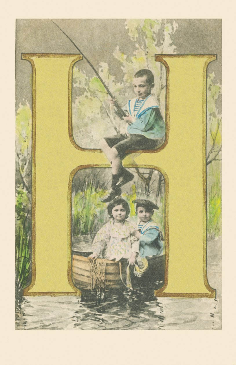 Ein Junge mit einer Angelrute, zwei Kinder in einem Boot von French School