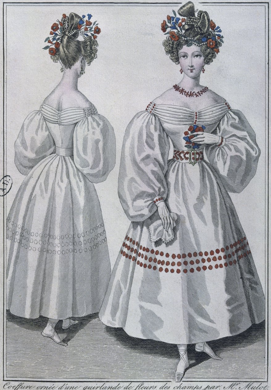 Frisur mit einem Kranz aus Wildblumen, Paris, 1829 (Farbstich) von French School