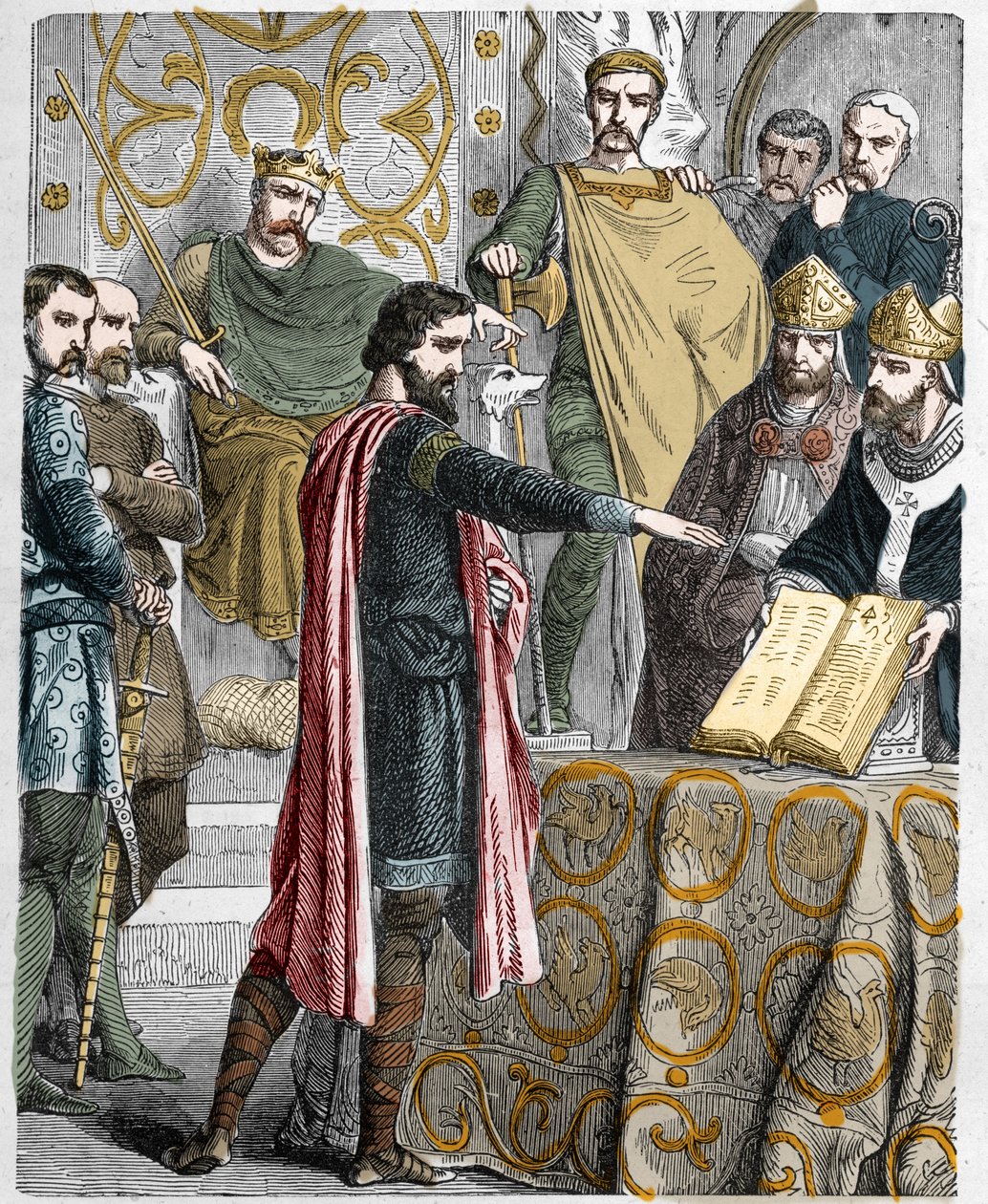 Harold II., letzter angelsächsischer König, wird 1064 gekrönt und schwört auf die heiligen Reliquien vor Wilhelm dem Eroberer, seine Sache auf dem Thron von England nach dem Tod von Edward dem Bekenner zu unterstützen. von French School