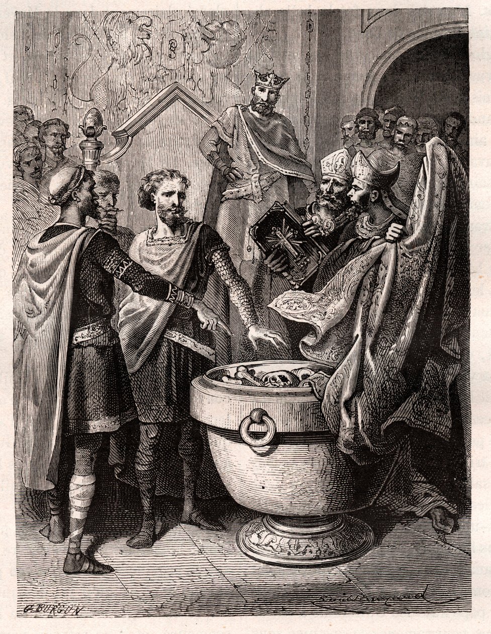 Harold II. (1020-1066) letzter angelsächsischer König, gekrönt 1064, schwor auf heilige Reliquien vor Wilhelm I. dem Eroberer, seine Sache beim Thron von England nach dem Tod von Edward dem Bekenner zu unterstützen, um 1064. von French School