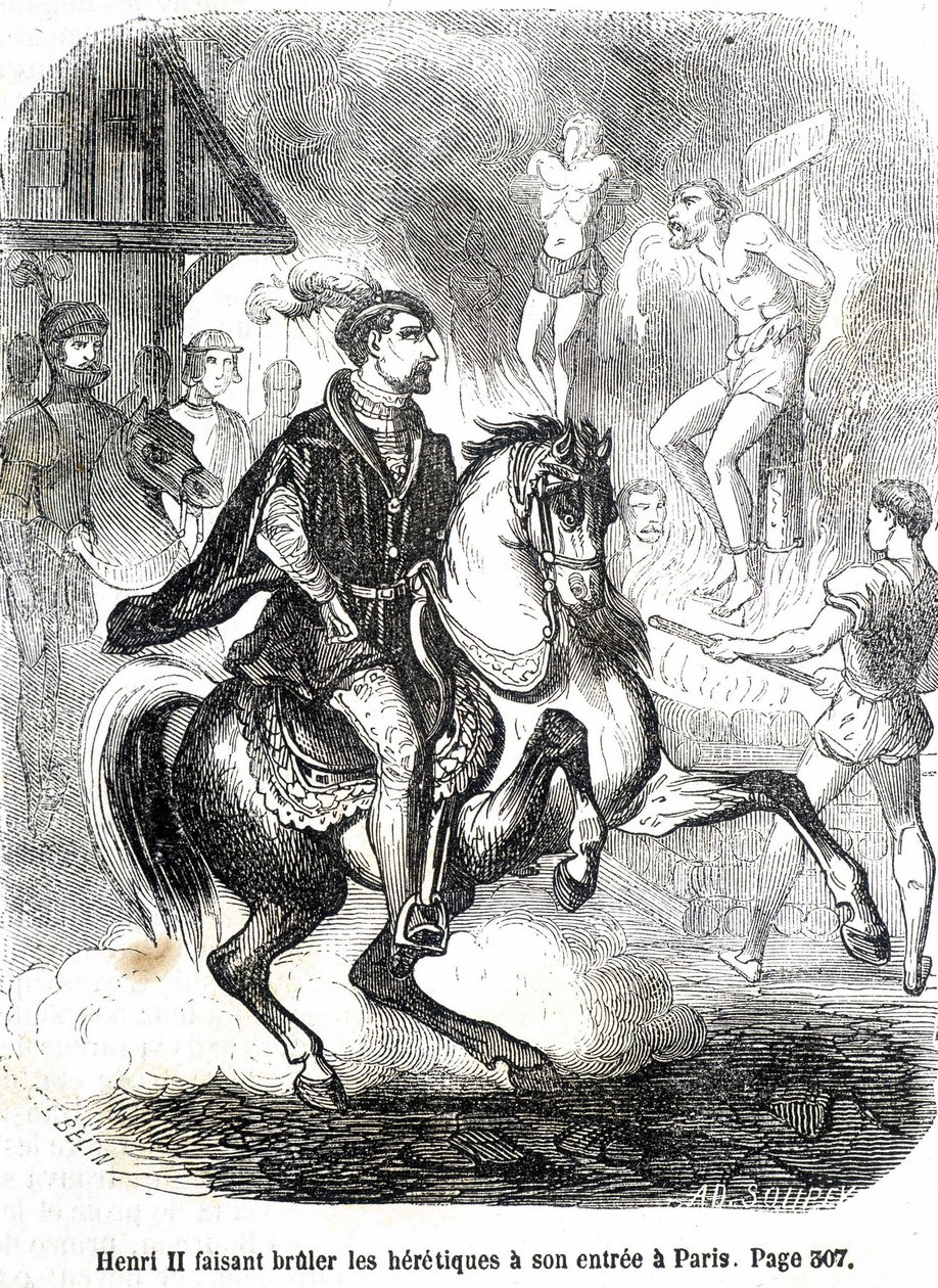 Heinrich II. (1519 - 1559) lässt die Ketzer bei seinem Einzug in Paris verbrennen - in „Histoire de France“ von L.-P. Anquetil von French School