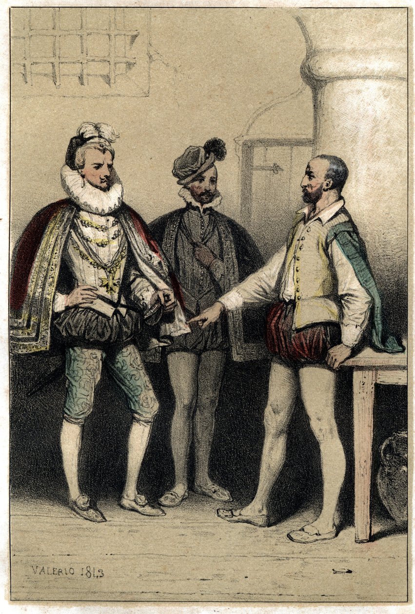 Heinrich III. (1551-1589), König von Frankreich, besucht Bernard Palissy, Keramiker, der in der Bastille eingesperrt ist. In „Scenes de la vie des hommes famous“ Gravur in zwei Farben von Valerio. 1843 von French School