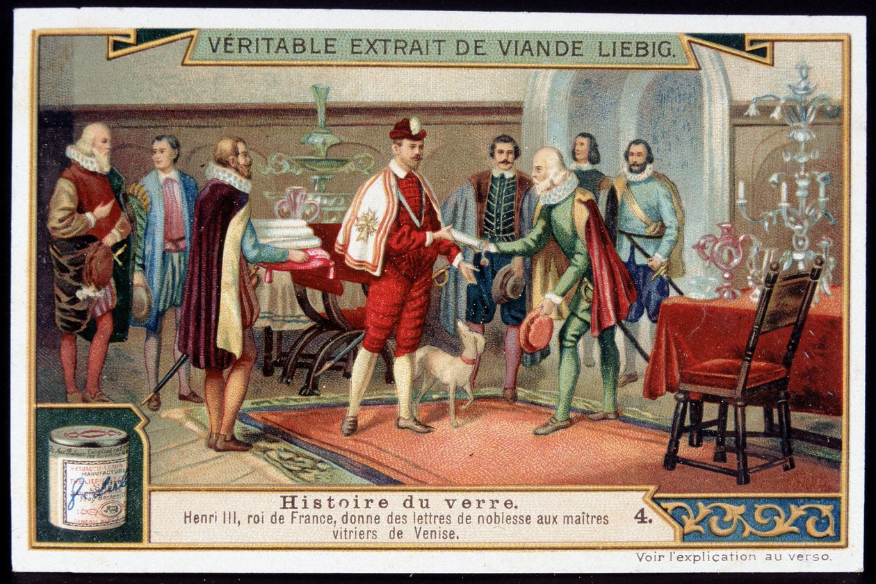 Geschichte des Glases: Heinrich III. (1551-1589) König von Frankreich verleiht den Meisterglasbläsern von Venedig Adelsbriefe. Späte 19. Jahrhundert Liebig Chromolithografie. von French School