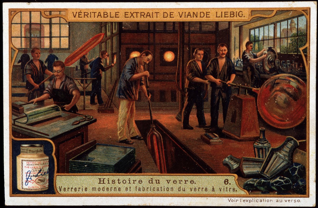 Geschichte des Glases: Moderne Glaswaren und Glasherstellung Ende des 19. Jahrhunderts. Späte 19. Jahrhundert Liébig Chromolithographie von French School