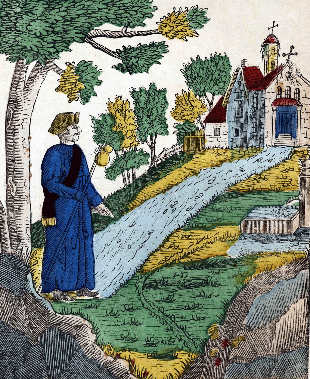 Geschichte der vier Söhne Aymon; Maugis, nachdem er Karl den Großen gefangen genommen hatte, ging in eine Einsiedelei, um dort Buße zu tun (Bild des 19. Jahrhunderts) von French School