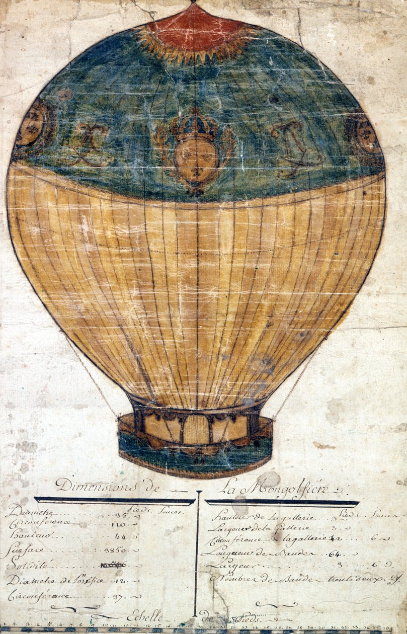 Heißluftballon der Brüder Montgolfier. Originalzeichnung. 1782 von French School