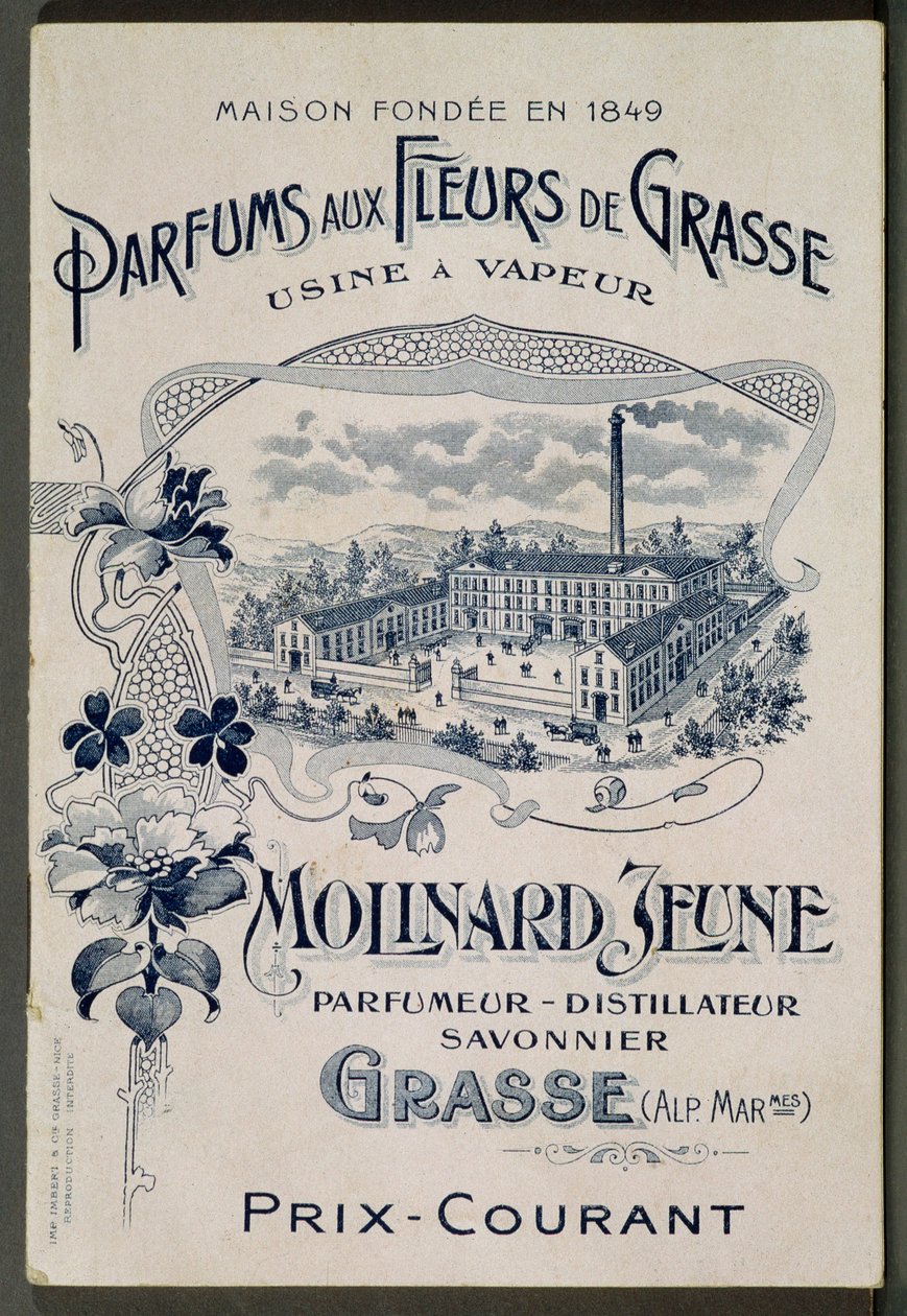 Haus gegründet 1849 - Düfte aus den Blumen von Grasse - Dampfanlage: Molinard Jeune - Werbekarte, die die Molinard-Fabrik präsentiert - Gravur, Anfang 20. Jahrhundert von French School