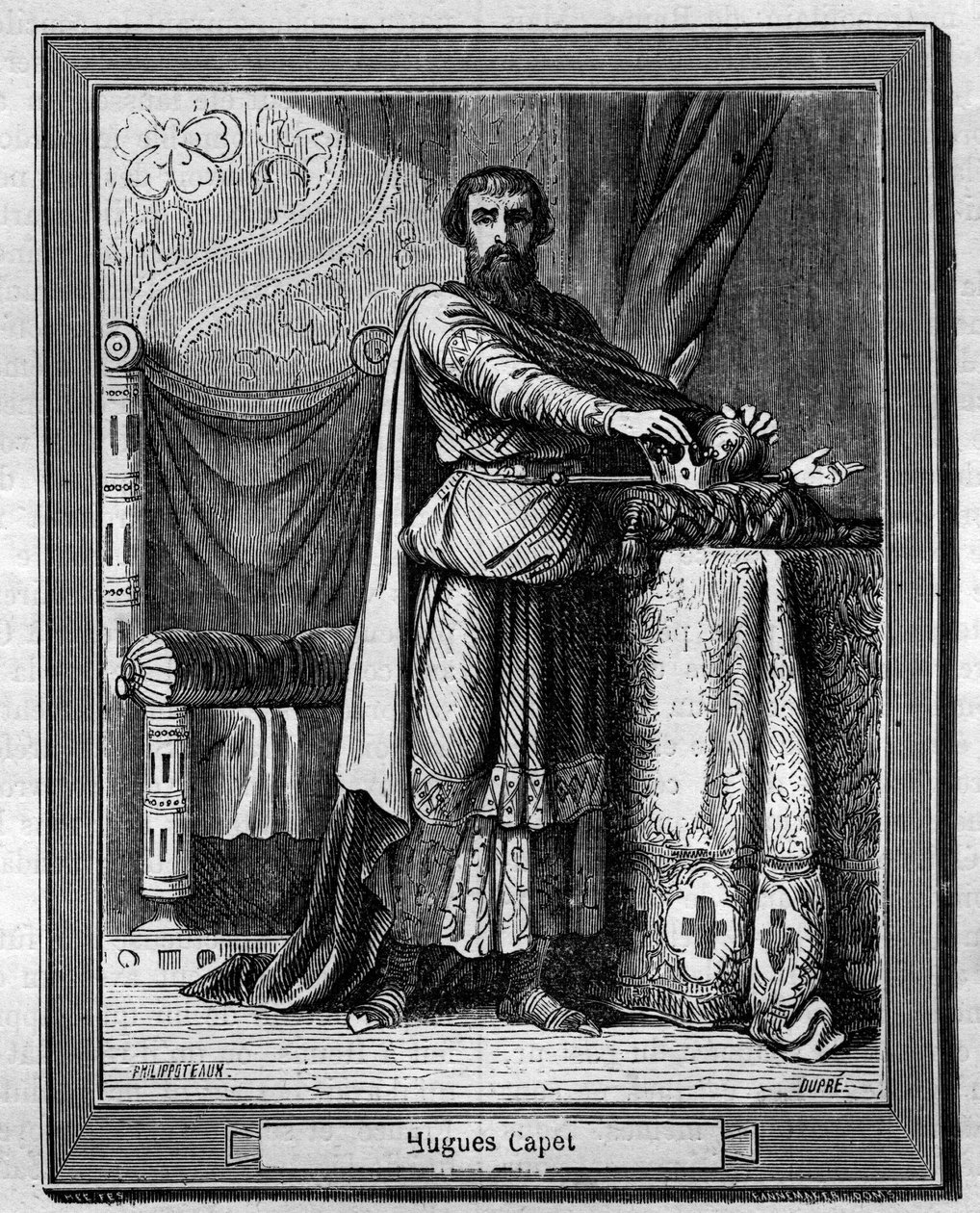 Hugo Capet (940-996), König der Franken - Gravur in „Histoire des papes-rois-reines-et-empereurs à travers les siècles“ von Maurice Lachatre von French School