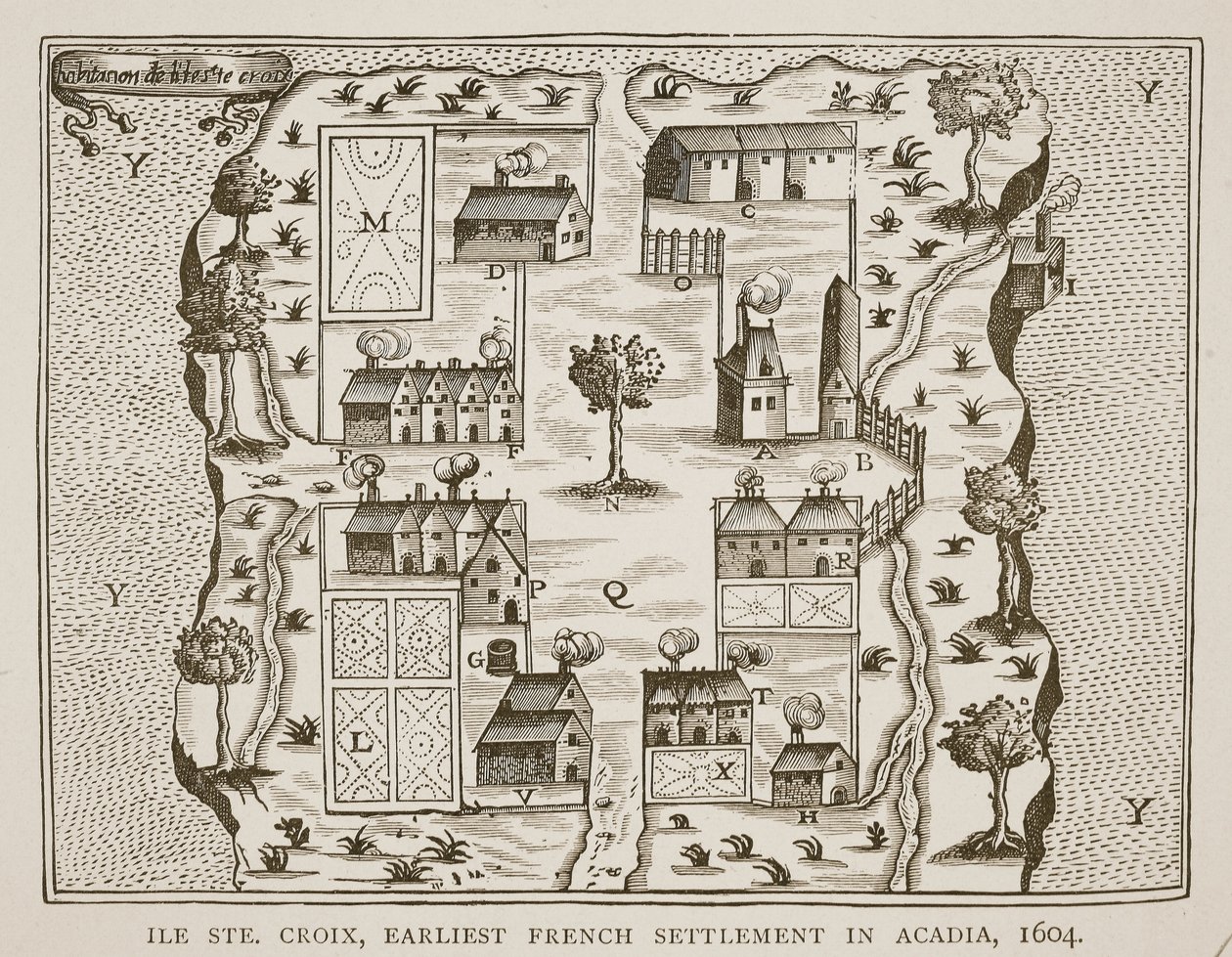 Île Ste. Croix, die früheste französische Siedlung in Akadien, 1604, aus Voyages von Samuel de Champlain (ca. 1580-1635), 1613 von French School