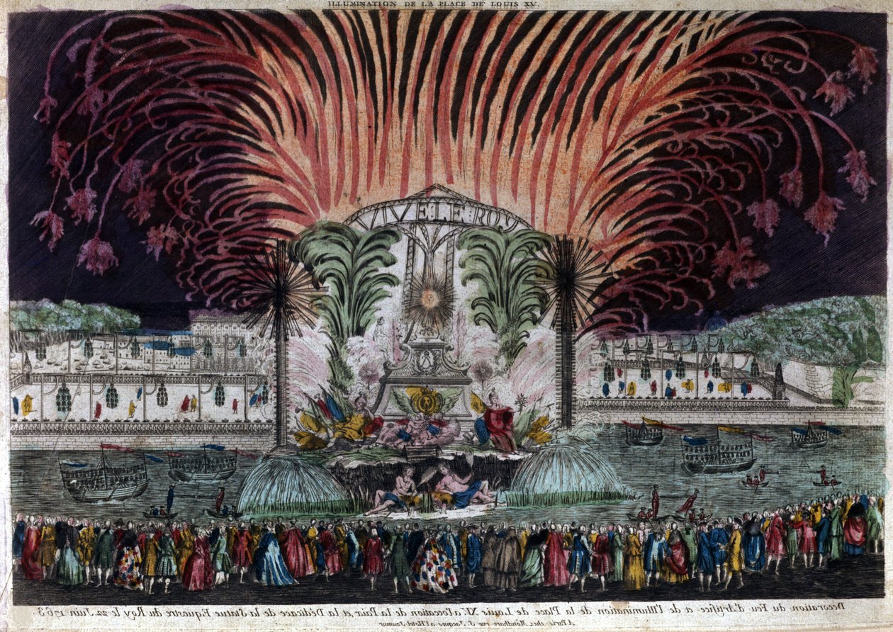 Beleuchtung und Feuerwerk auf dem Place Louis XV in Paris anlässlich des Friedens und der Einweihung der Reiterstatue des Königs am 22. Juni 1763. Private Sammlung von French School