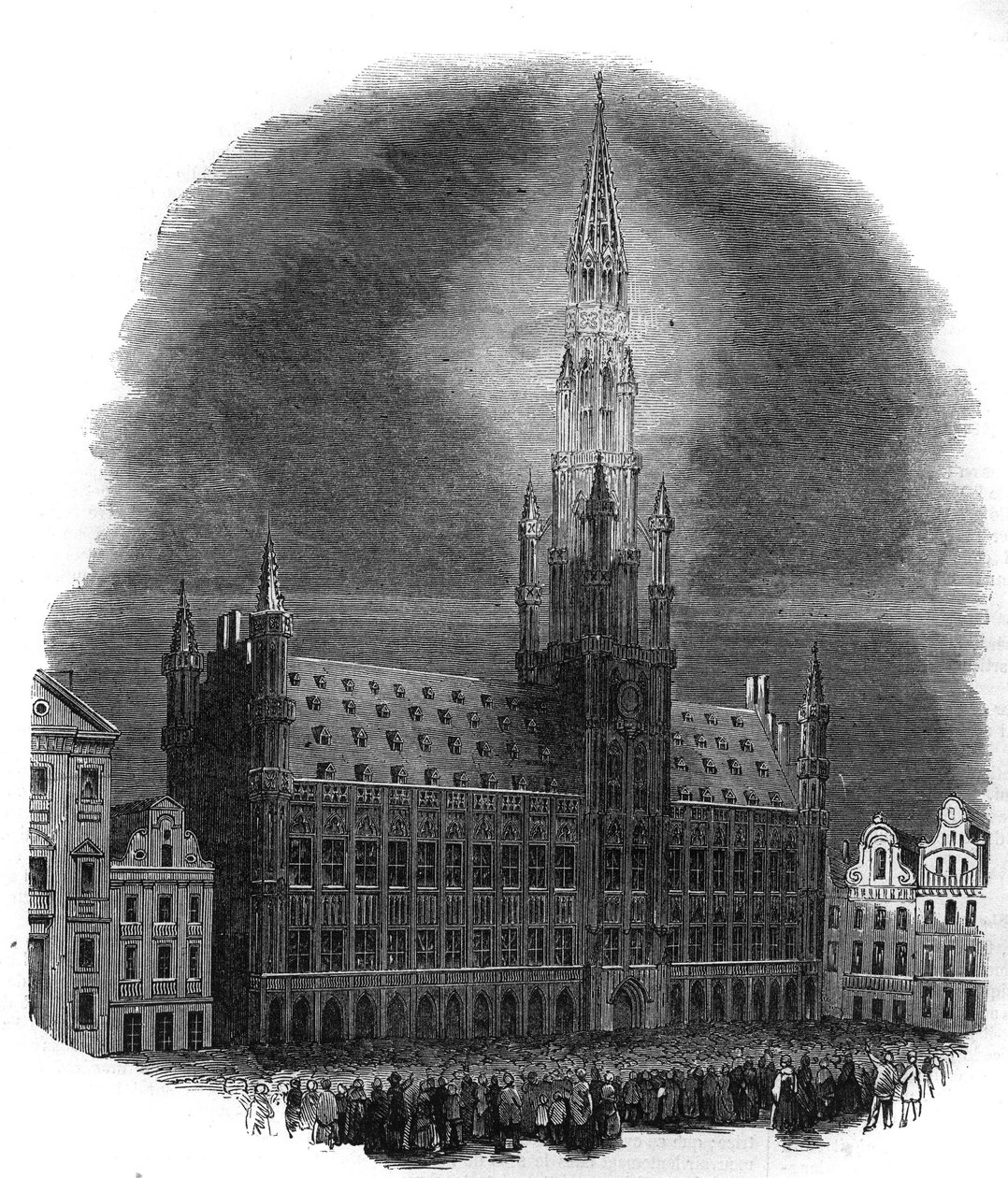 Beleuchtung des Brüsseler Rathauses am 26. September 1864 anlässlich des Jahrestages der Kämpfe, die Belgien von der niederländischen Herrschaft befreiten. Nach einer Skizze von M.D.A. Gravur in „The Illustrous Universe“ von French School