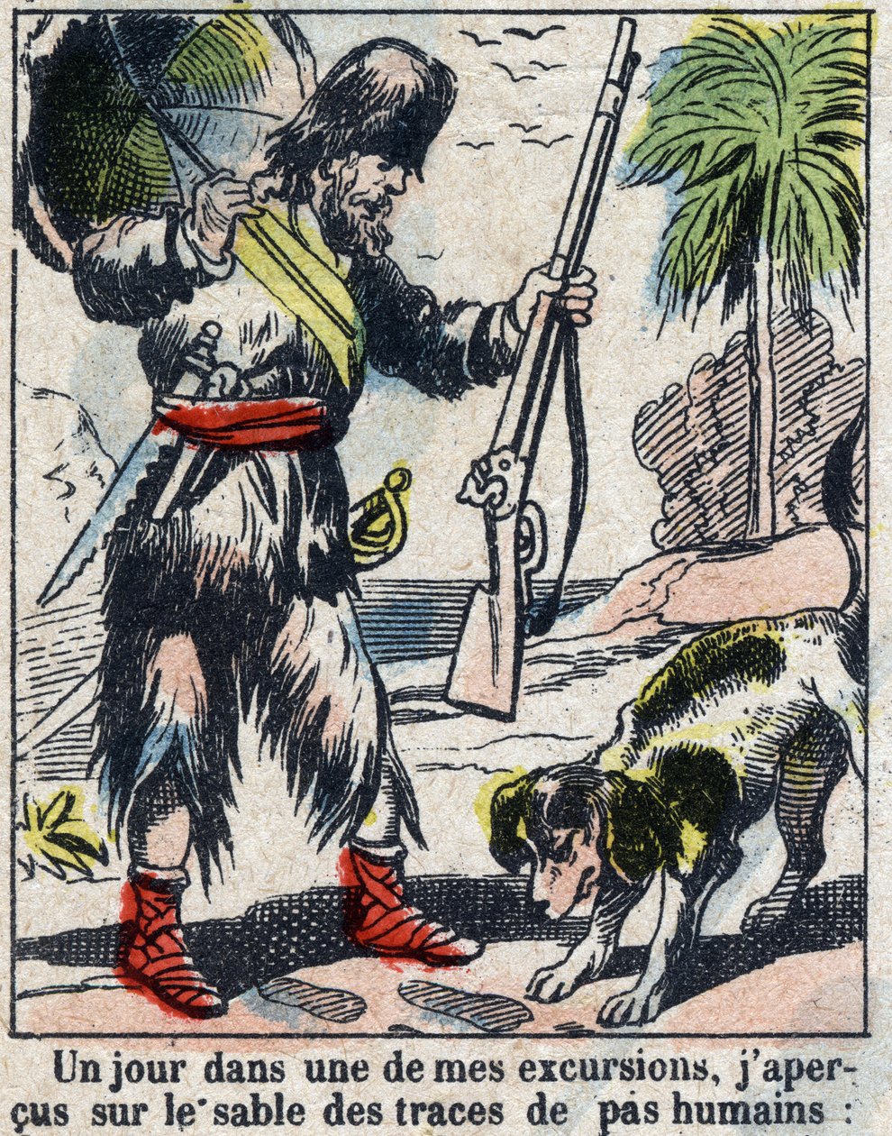 Illustration für das Buch von Daniel Defoe „Robinson Crusoe“. Epinal-Bild vom Ende des 19. Jahrhunderts von French School