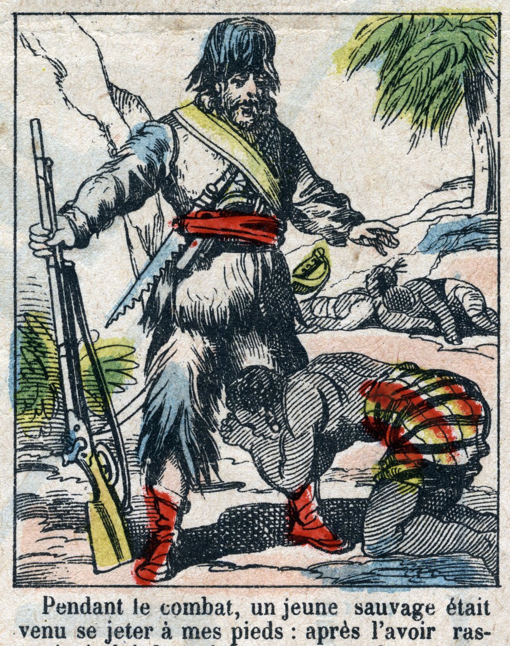 Illustration für das Buch von Daniel Defoe „Robinson Crusoe“. Epinal Imaging aus dem späten 19. Jahrhundert. von French School