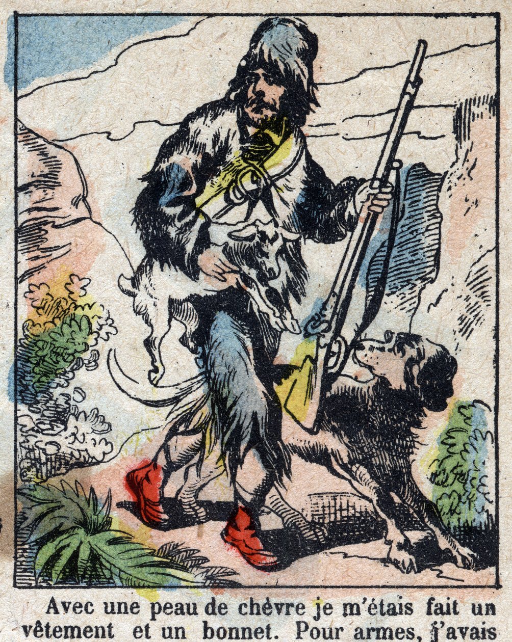 Illustration für das Buch von Daniel Defoe „Robinson Crusoe“. Epinal-Bild aus dem späten 19. Jahrhundert. von French School