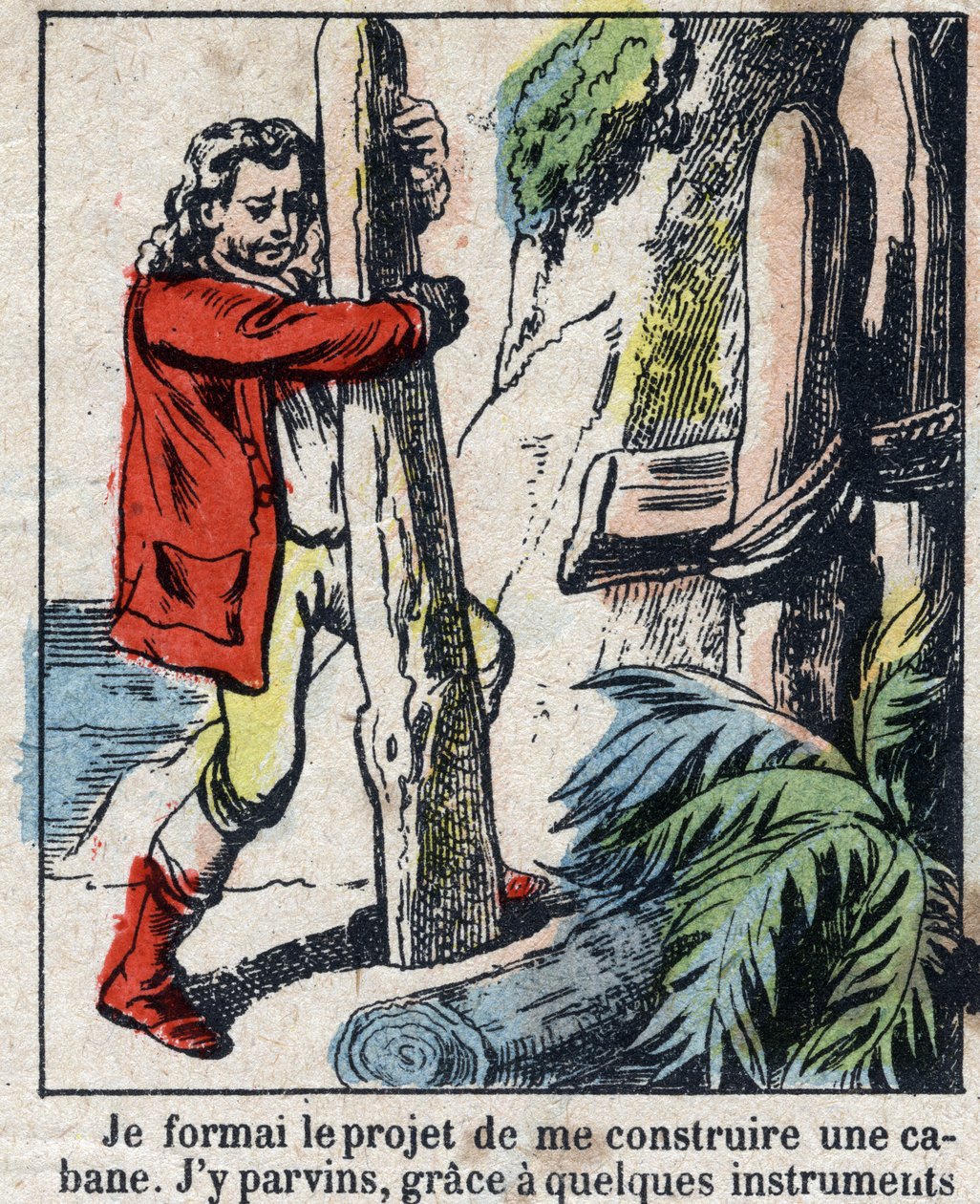 Illustration für das Buch von Daniel Defoe „Robinson Crusoe“. Epinal-Bild aus dem späten 19. Jahrhundert. von French School