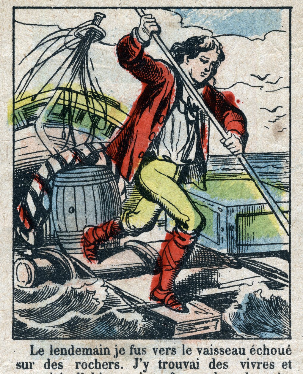 Illustration für das Buch von Daniel Defoe „Robinson Crusoe“. Epinal-Bild aus dem späten 19. Jahrhundert. von French School