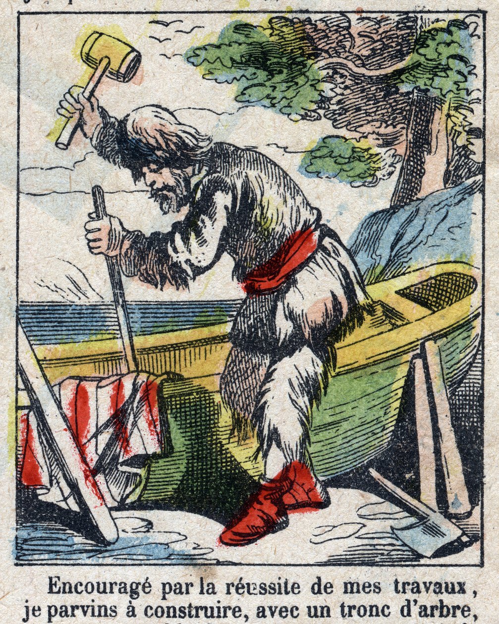 Illustration für das Buch von Daniel Defoe "Robinson Crusoe". Epinal-Bildgebung Ende des 19. Jahrhunderts. von French School