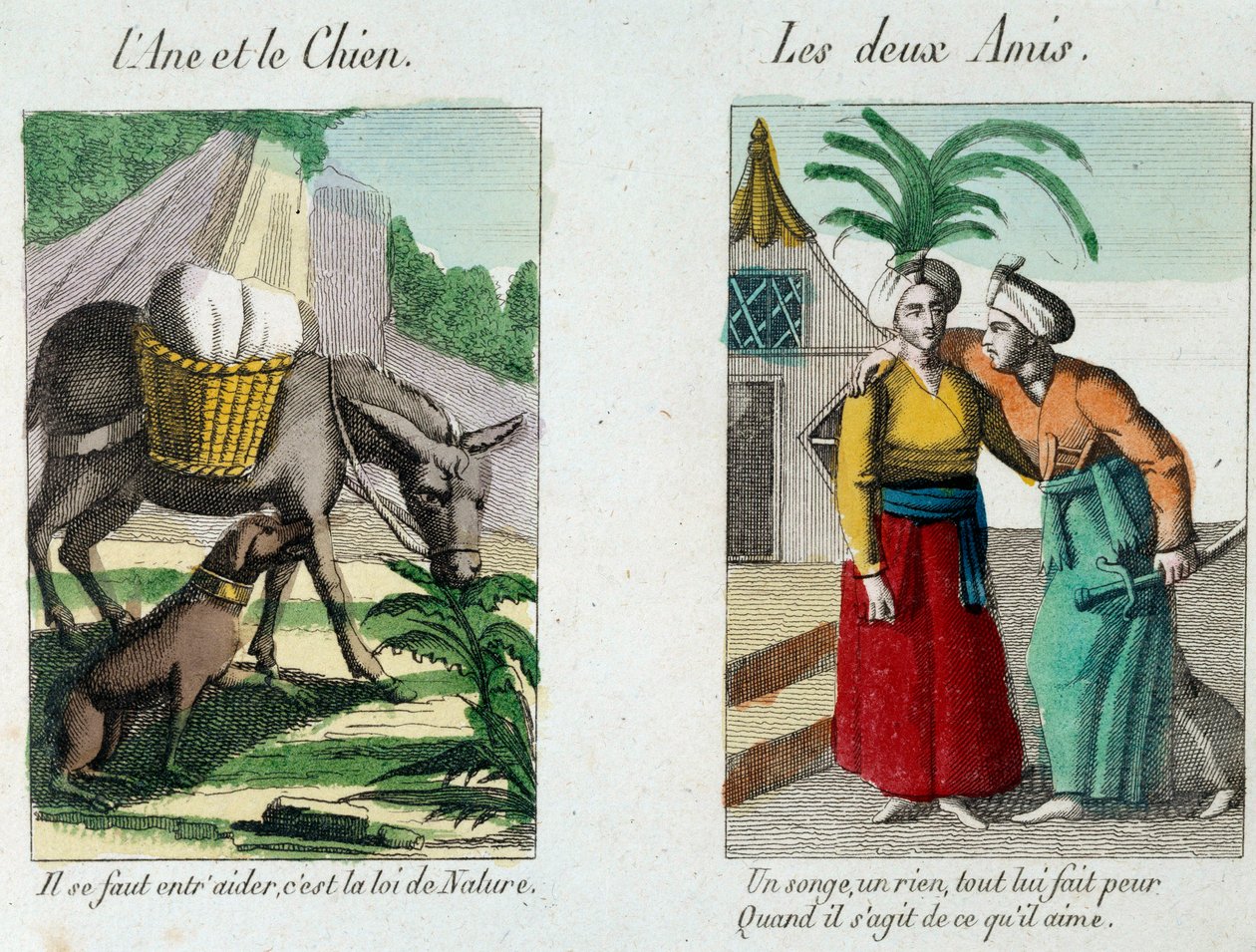 Illustration zu den Fabeln von Jean de la Fontaine (1621-1695): links „Der Esel und der Hund“, rechts „Die zwei Freunde“. Gravur des 19. Jahrhunderts. Musée La Fontaine, Château Thierry von French School