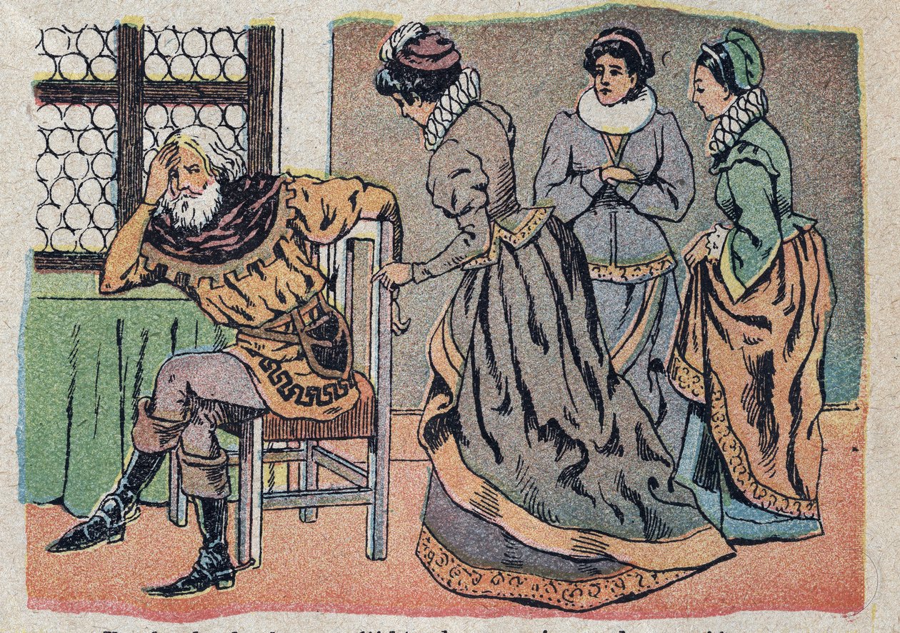 Illustration zum Märchen „Die Schöne und das Biest“: der Kaufmann in Not. Gravur von Quinn, um 1890. von French School