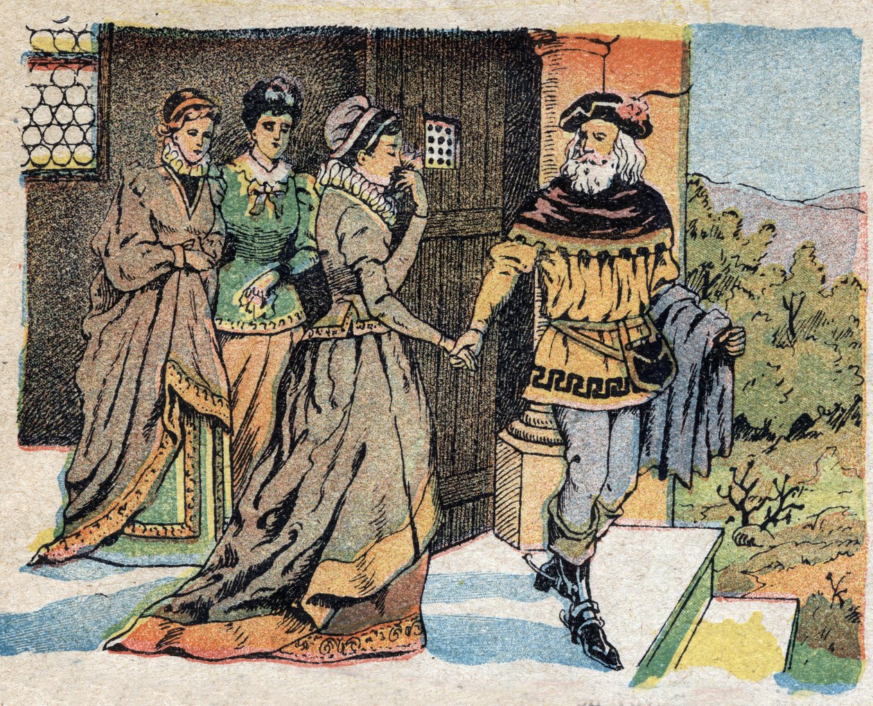 Illustration zum Märchen "Die Schöne und das Biest": der Kaufmann verabschiedet sich von seinen drei Töchtern und verspricht ihnen ein Geschenk bei seiner Rückkehr. Gravur von Quinn imagery, ca. 1890 von French School