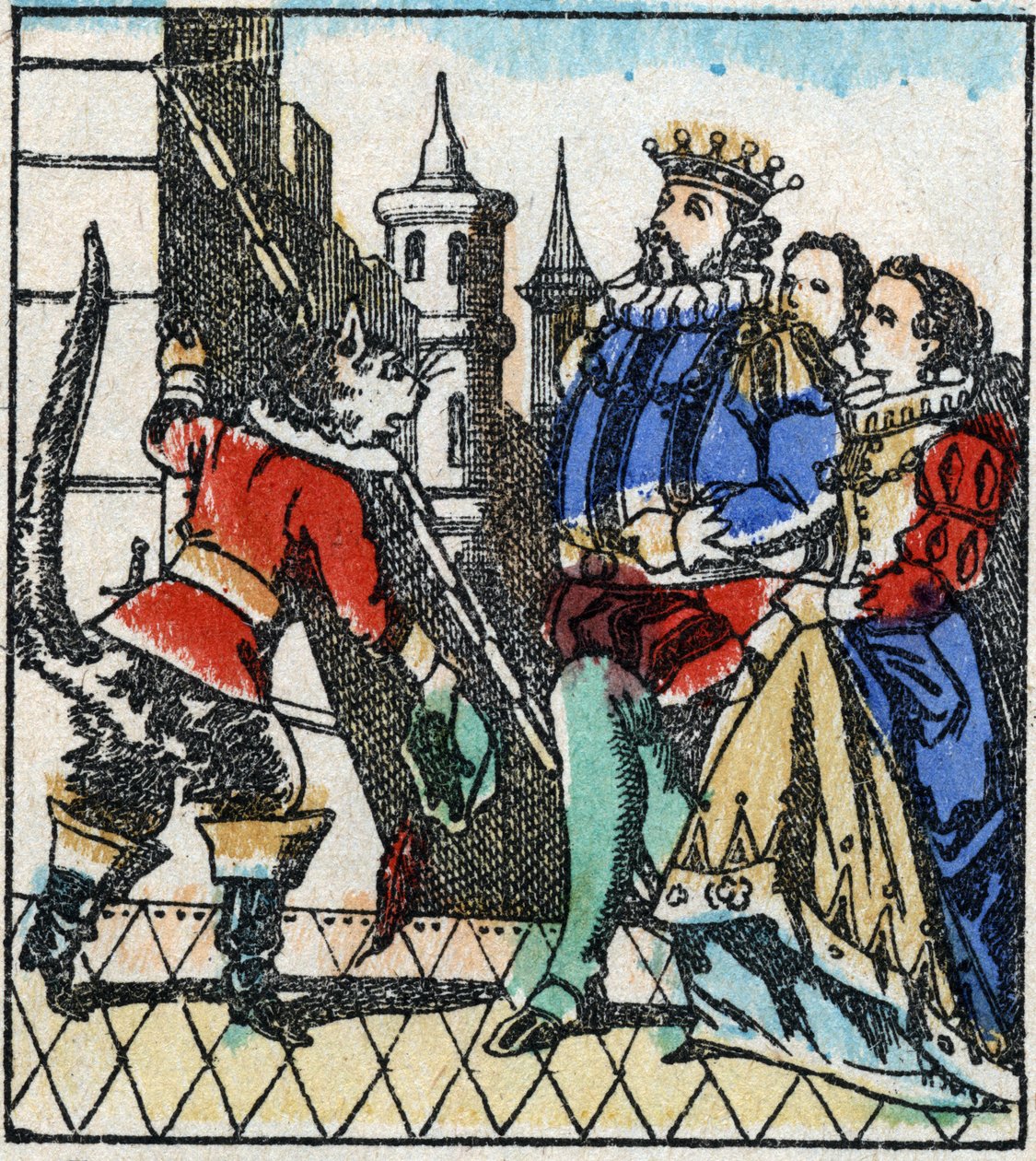 Illustration des Märchens „Der gestiefelte Kater“ von Charles Perrault. Holzschnitt von Imaging Pellerin - Epinal, sp. Ende des 19. Jahrhunderts von French School