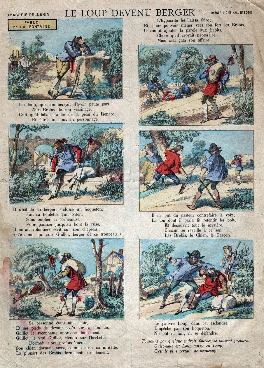 Illustration der Fabel von Jean de La Fontaine (1621-1695): Der Wolf wurde ein Schäfer. Epinal-Bild Ende des 19. Jahrhunderts. von French School