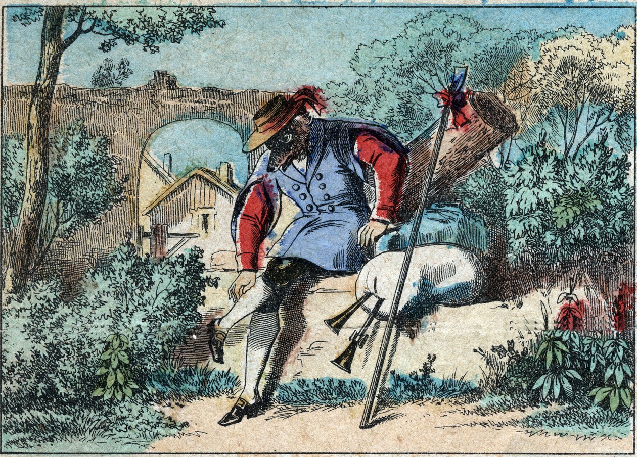 Illustration der Fabel von Jean de La Fontaine (1621-1695): Der Wolf wurde ein Schäfer. Epinal-Bild Ende des 19. Jahrhunderts. von French School