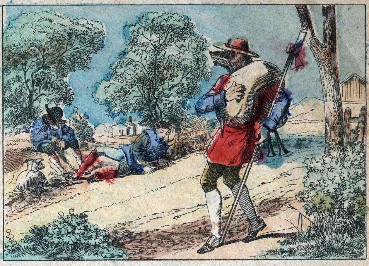 Illustration der Fabel von Jean de La Fontaine (1621-1695): Der Wolf wurde ein Schäfer. Epinal-Bild Ende des 19. Jahrhunderts. von French School