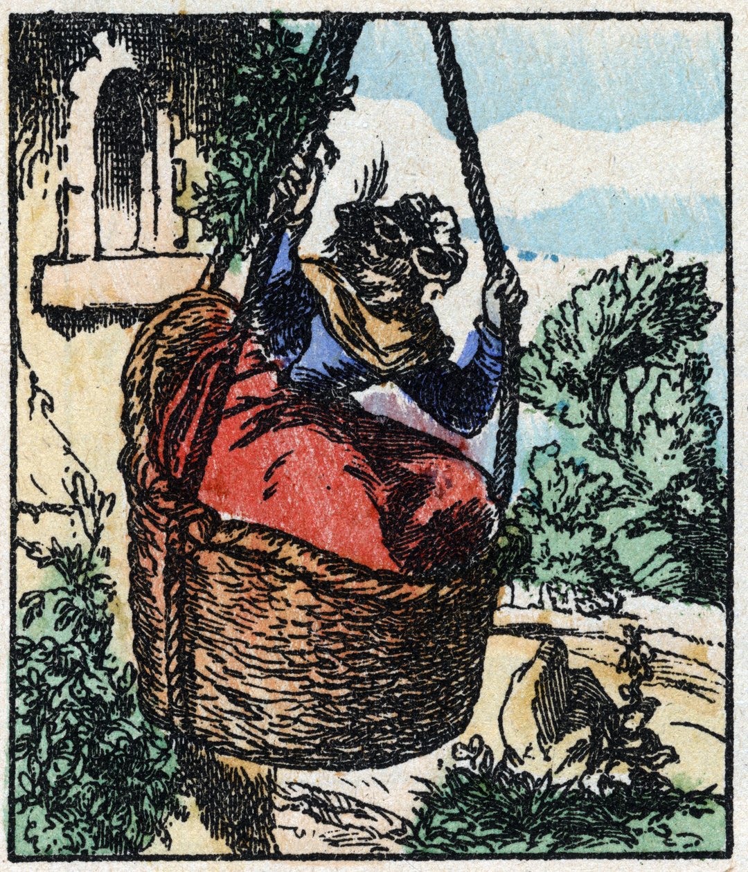 Illustration des Märchens „Raminagrobis und die Mäuse“. Holzgravur von Imagery Pellerin - Epinal, sp. 19. Jahrhundert. von French School