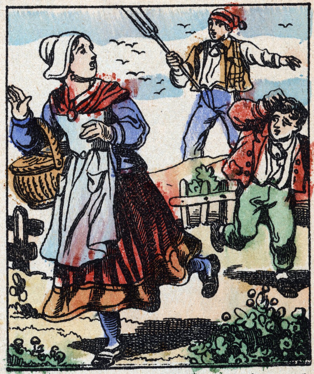 Illustration der Geschichte „Die Gabel des Teufels“. Holzstich aus Imaging Pellerin - Epinal, sp. 19. Jahrhundert. von French School