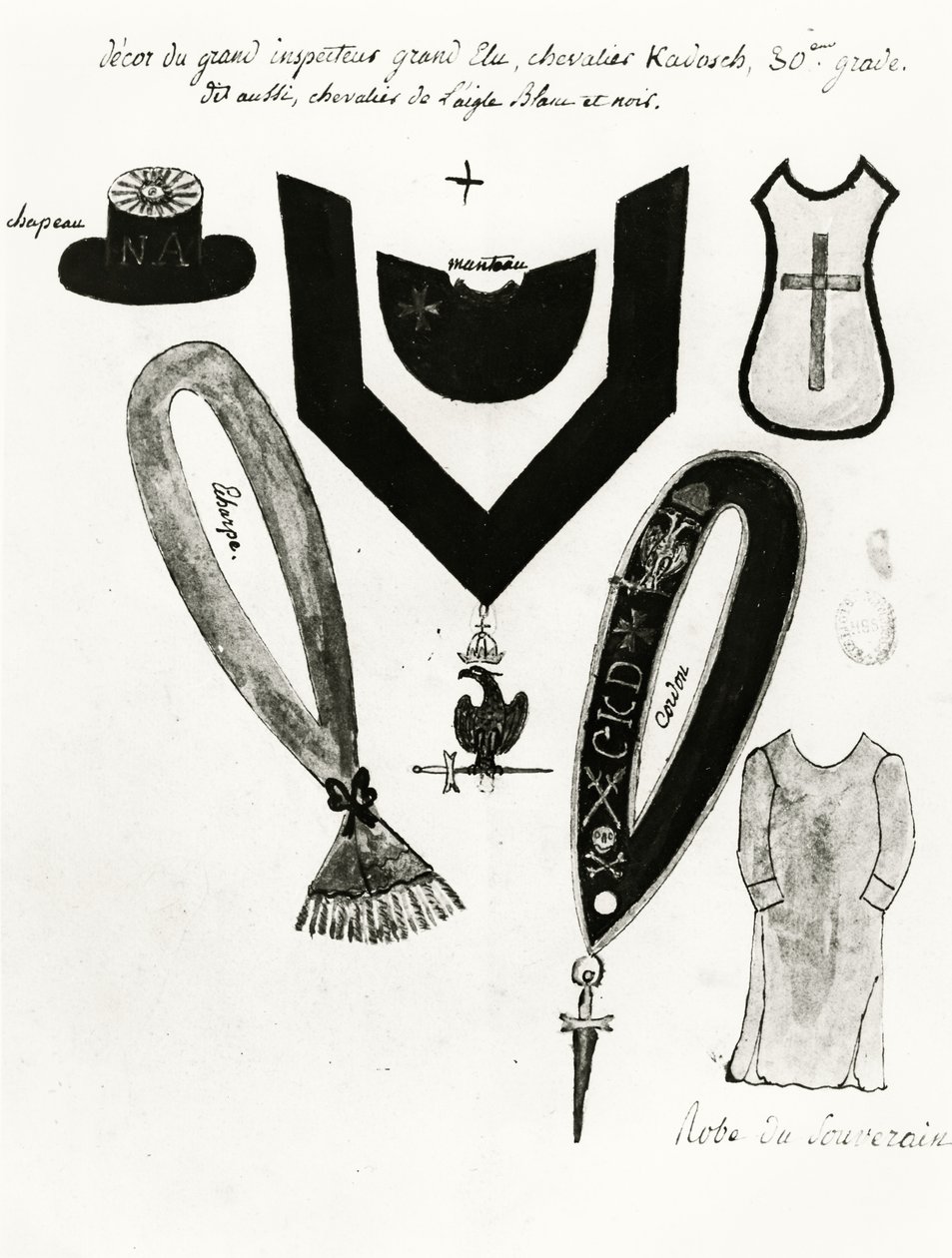 Illustrationen von freimaurerischen Insignien und Kleidern des Ritters Kadosh, 30. Grad, im Schottischen Ritus der Freimaurerei, 1813 von French School