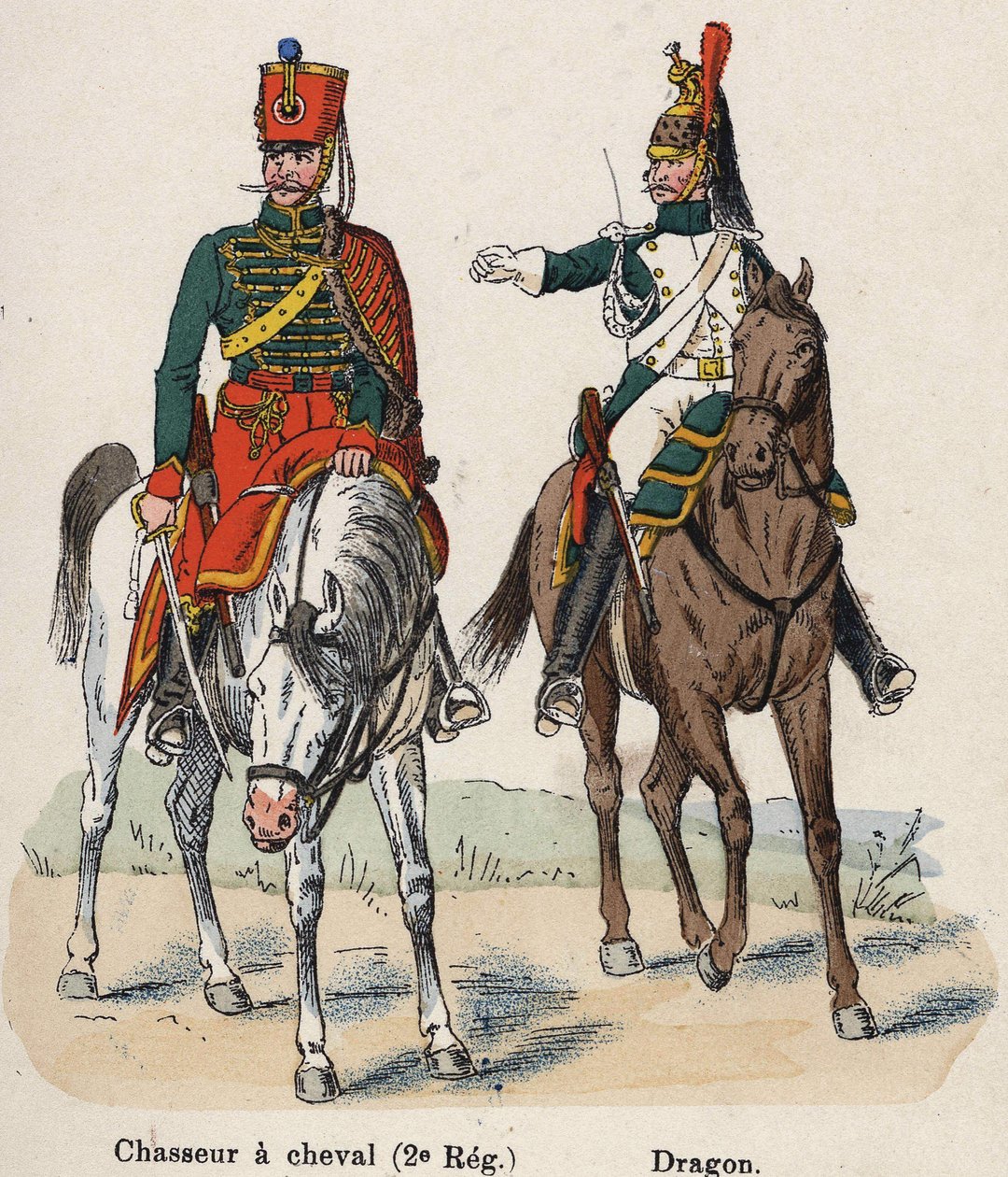 Kaiserliche Garde Napoleon I.: Reiterjäger (2. Regiment) und Dragoner. Tafel aus dem Buch Les Uniforms de l
