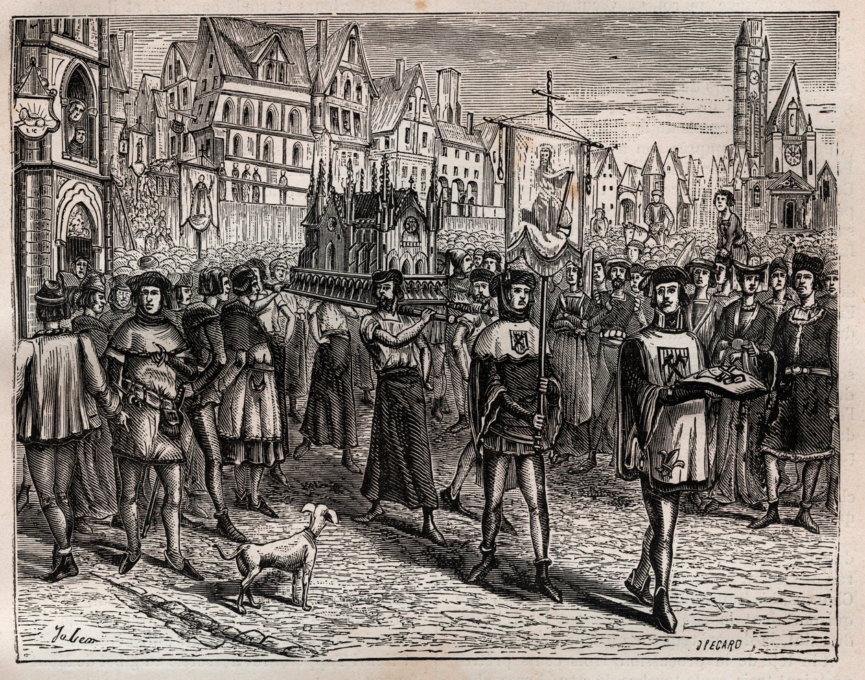 Im Jahr 1318 rief der Bischof von Paris den Klerus der Stadt zur Überführung der Reliquien des Heiligen Magloire zusammen - Eine Prozession begann, die Kirche Saint-Magloire in der Rue Saint-Denis zu verlassen und ging über die Rue aux Ours zum Friedhof vo von French School