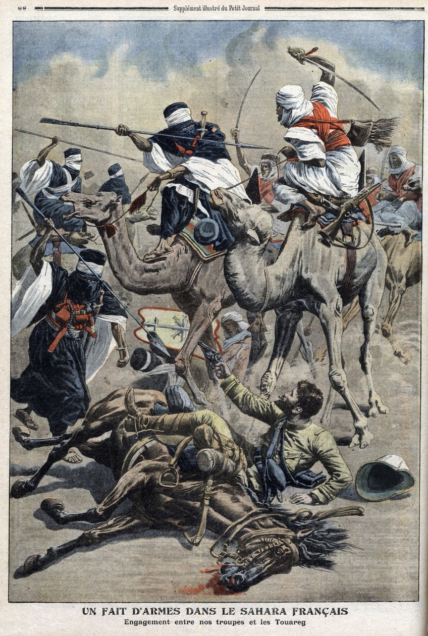 Im englischen Sahara: Kampf zwischen französischen Truppen und Tuaregs, Illustration aus der Zeitung „Le Petit Journal“ vom 17. März von French School