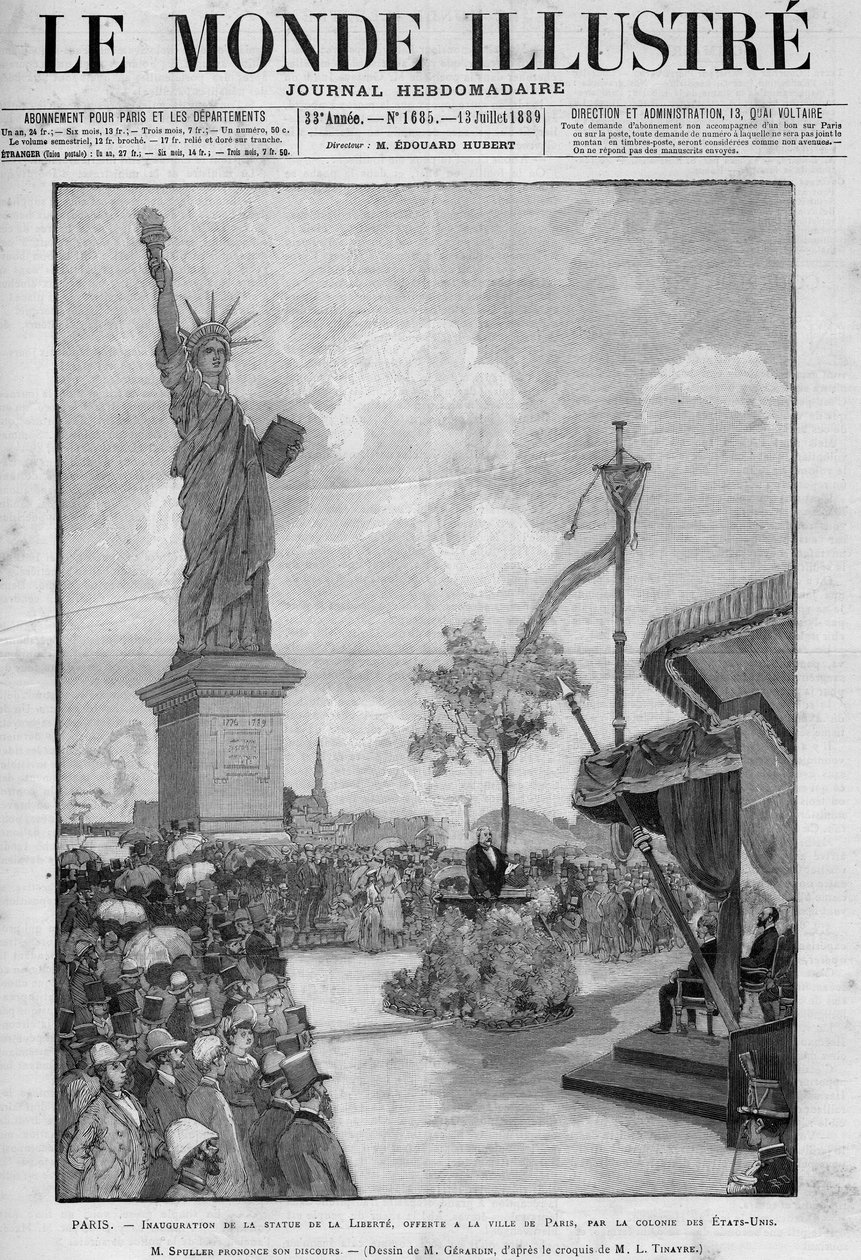Einweihung der Freiheitsstatue in Paris am 4. Juli 1889: Rede von Eugène Spuller (1835-1896), französischer Außenminister. Die Statue wurde der Stadt Paris von der amerikanischen Gemeinschaft geschenkt, um das hundertjährige Jubiläum zu feiern. von French School