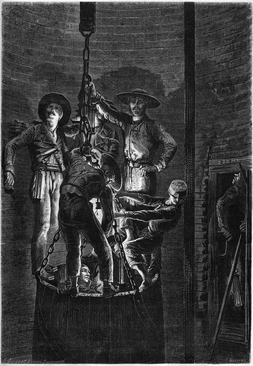Innenansicht eines Kohlebergwerks: Aufstieg des Müllcontainers. 1861. Gravur in „Le Monde Illustré“ Nr. 238 vom 2. November von French School
