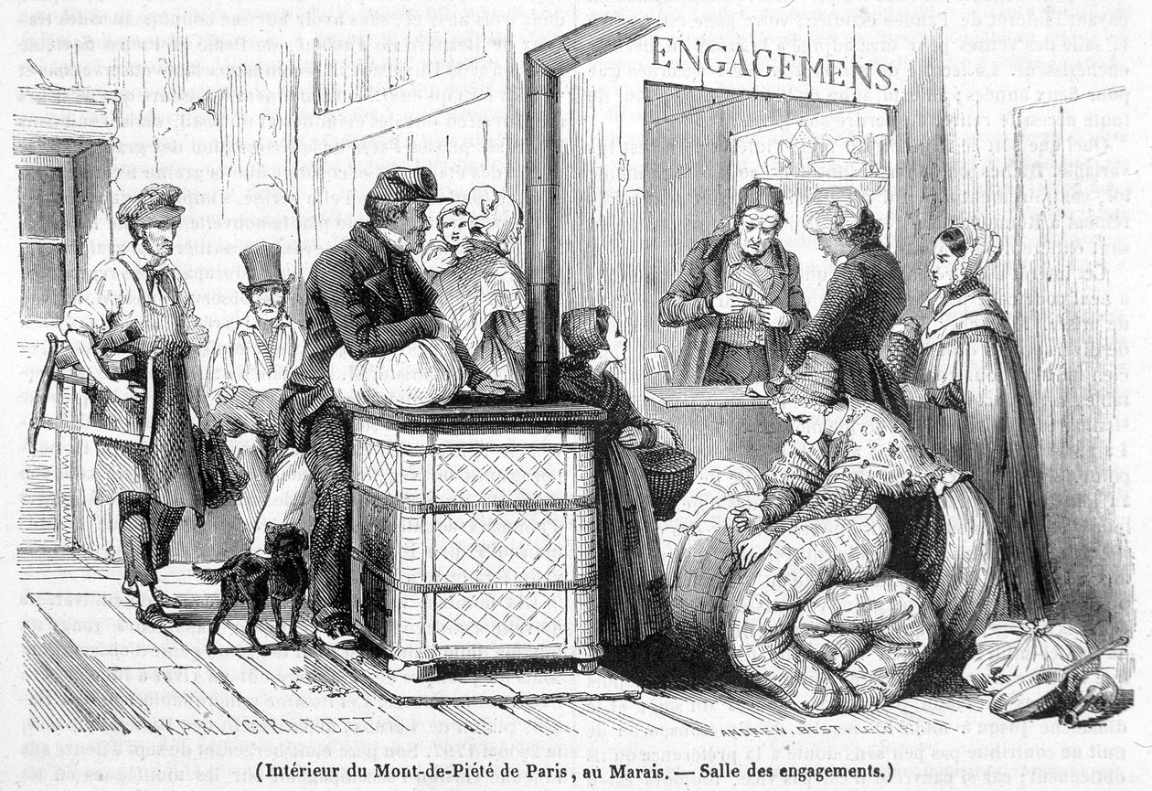 Innenansicht des Mont-de-Piété in Paris, im Marais: Verlobungssaal - in „Le Magasin pittoresque“ Nr. 6 vom Juni 1842 von French School