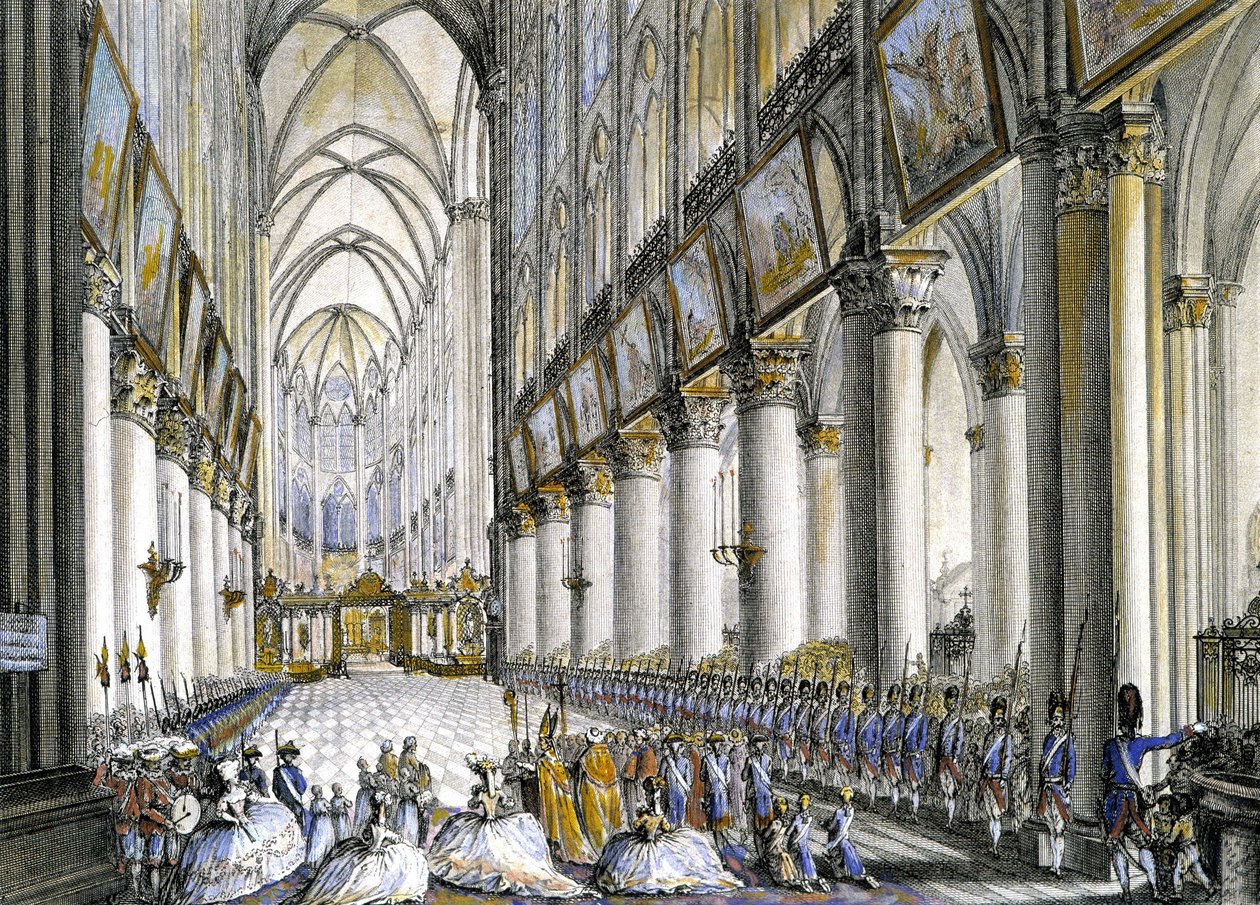 Innenansicht von Notre-Dame de Paris, bei der Ankunft von Marie Antoinette (1755-1793), Königin von Frankreich, um der berühmten Messe zur Geburt ihres Sohnes, des zukünftigen Ludwig XVII (1785-1795), beizuwohnen. Gravur 18. Jahrhundert von French School
