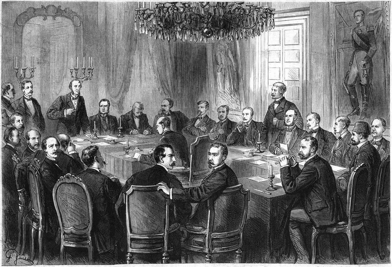 Internationaler Kriegskongress, Brüssel, Juli-August 1874: Delegierte aus 15 europäischen Staaten treffen sich, um den Entwurf einer internationalen Erklärung über die Gesetze und Gebräuche des Krieges zu diskutieren. Gravur in „Le Monde Illustré“ Nr. 908  von French School