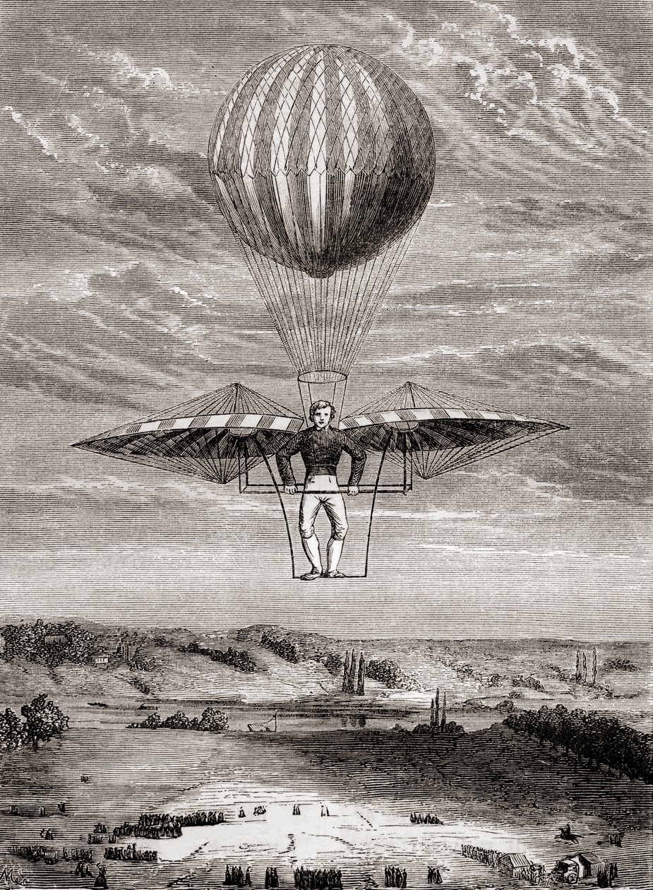 Jacob Degens Ornithopter von 1808 mit Klappenventilen, bei dem der Pilot auf einem starren Rahmen stand und die Flügel mit einer beweglichen horizontalen Stange betätigte, aus 