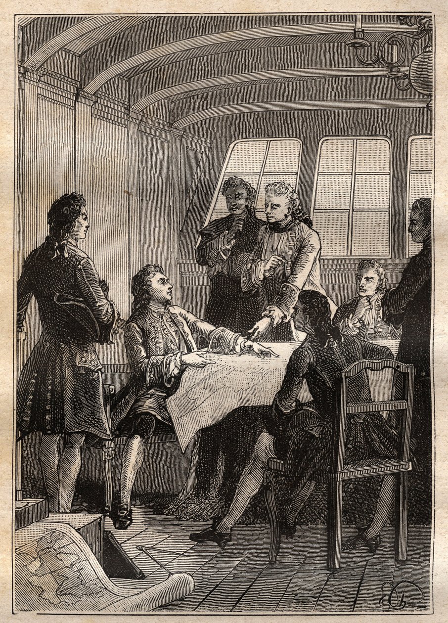Jakob Roggeveen (1659-1729) niederländischer Entdecker während seiner Reise in den Pazifik im Jahr 1722 - Illustration aus „Die großen Seefahrer des 18. Jahrhunderts“ von French School