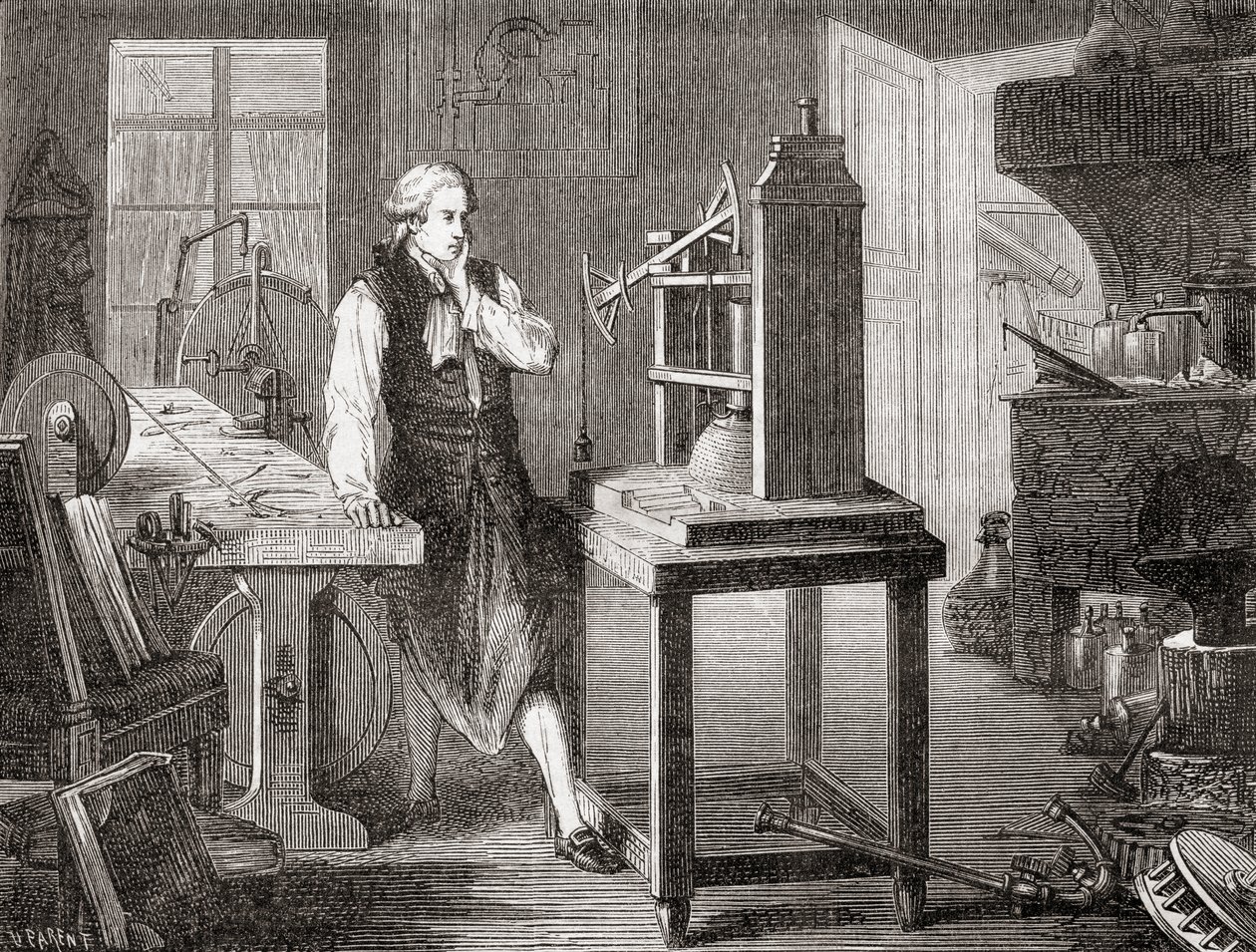James Watt in seiner Werkstatt in Glasgow, verbessert die Newcomen-Dampfmaschine von Thomas Newcomen aus dem Jahr 1712 mit seiner Watt-Dampfmaschine im Jahr 1781, aus Les Merveilles de la Science, veröffentlicht 1870. von French School