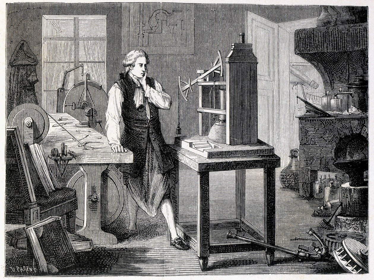 James Watt studiert die Perfektionierung von Newcomens Maschine (1767) - in „Album der Wissenschaft; berühmte Gelehrte; Große Entdeckungen“ 1896 von French School