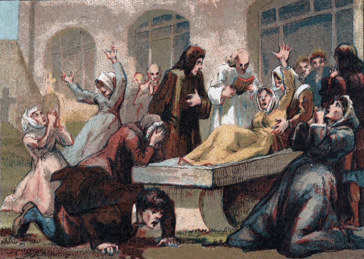 Jansenismus: Die Konvulsionäre (jansenistische Fanatiker) des Friedhofs Saint Medard unter Ludwig XV. Chromolithographie um 1890 von French School