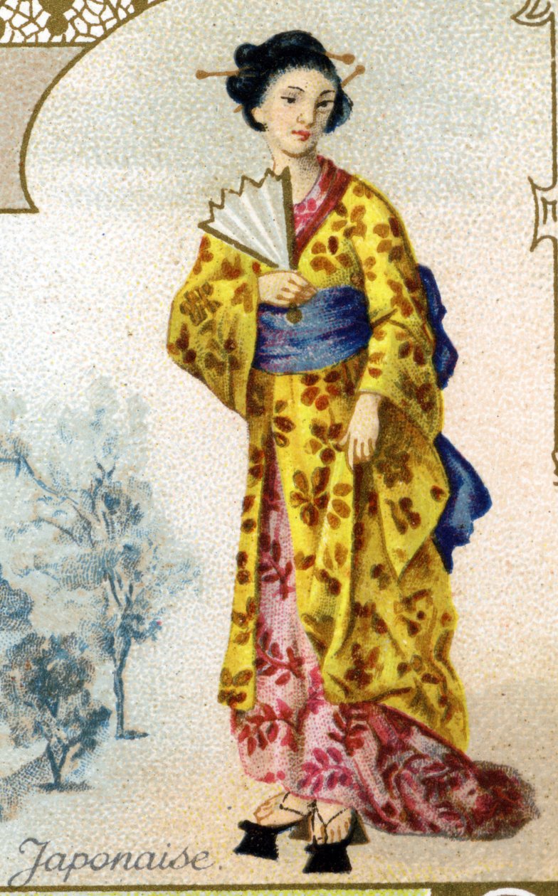 Japanische Frau. Edition der Pariser Lithographie, Ende des 19. Jahrhunderts. Serie von 25 Werbechromos für die Dijon-Herstellung von Biscuits Pernot, gegründet 1869. Detail der Figuren in traditioneller Tracht von French School